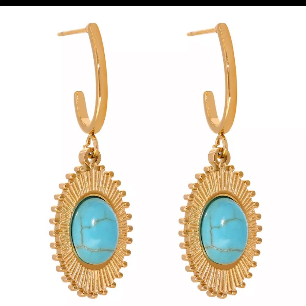 Gold plated hoops w/turquoise sun earrings